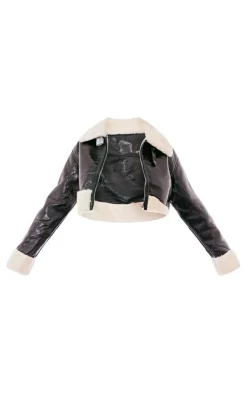 PrettyLittleThing Aviator Jackets*Faux Fur Trim Buckle Collar Vinyl Cropped Jacket