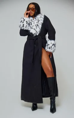 PrettyLittleThing Wool Coats*Faux Fur Trim Contrast Wool Look Maxi Coat