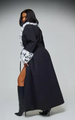 PrettyLittleThing Wool Coats*Faux Fur Trim Contrast Wool Look Maxi Coat