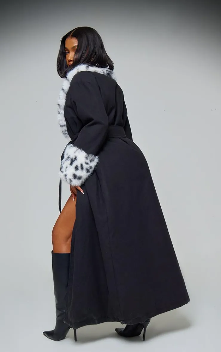 PrettyLittleThing Wool Coats*Faux Fur Trim Contrast Wool Look Maxi Coat
