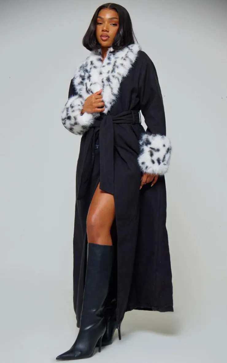 PrettyLittleThing Wool Coats*Faux Fur Trim Contrast Wool Look Maxi Coat