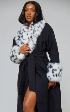 PrettyLittleThing Wool Coats*Faux Fur Trim Contrast Wool Look Maxi Coat