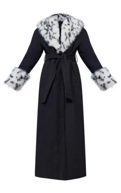 PrettyLittleThing Wool Coats*Faux Fur Trim Contrast Wool Look Maxi Coat