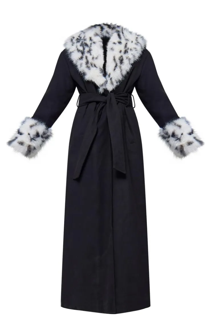 PrettyLittleThing Wool Coats*Faux Fur Trim Contrast Wool Look Maxi Coat
