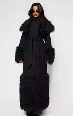 PrettyLittleThing Wool Coats*Faux Fur Trim Contrast Wool Look Coat