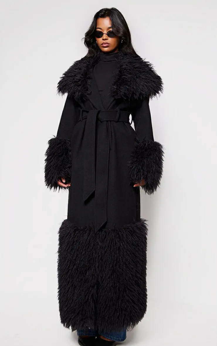 PrettyLittleThing Wool Coats*Faux Fur Trim Contrast Wool Look Coat