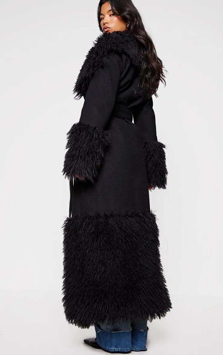 PrettyLittleThing Wool Coats*Faux Fur Trim Contrast Wool Look Coat