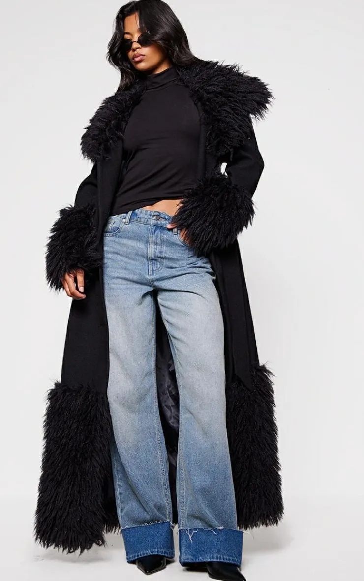 PrettyLittleThing Wool Coats*Faux Fur Trim Contrast Wool Look Coat