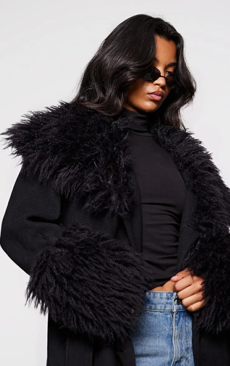PrettyLittleThing Wool Coats*Faux Fur Trim Contrast Wool Look Coat