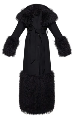 PrettyLittleThing Wool Coats*Faux Fur Trim Contrast Wool Look Coat
