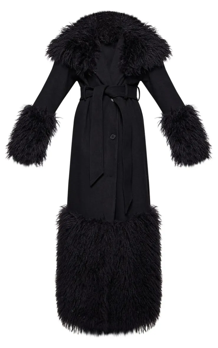 PrettyLittleThing Wool Coats*Faux Fur Trim Contrast Wool Look Coat