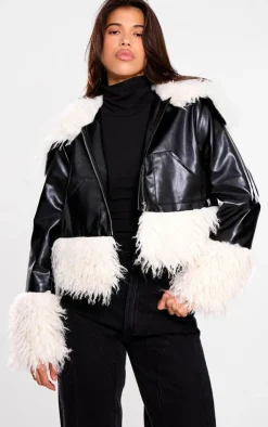 PrettyLittleThing Faux Leather Jackets*Faux Fur Trim Contrast Faux Leather Jacket