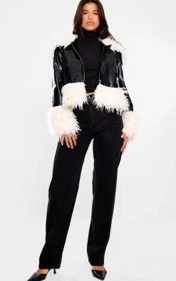 PrettyLittleThing Faux Leather Jackets*Faux Fur Trim Contrast Faux Leather Jacket