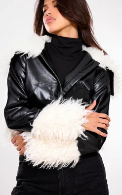 PrettyLittleThing Faux Leather Jackets*Faux Fur Trim Contrast Faux Leather Jacket