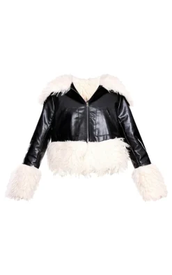 PrettyLittleThing Faux Leather Jackets*Faux Fur Trim Contrast Faux Leather Jacket