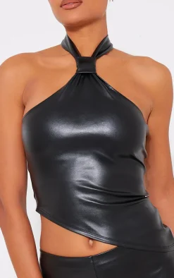 Sale PrettyLittleThing Faux Leather Asymmetric Hem Halterneck Top Black