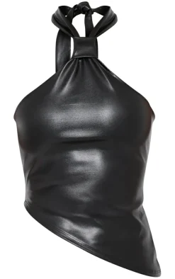 Sale PrettyLittleThing Faux Leather Asymmetric Hem Halterneck Top Black