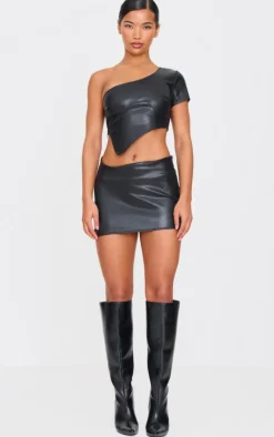 Discount PrettyLittleThing Faux Leather Asymmetric Hem Mini Skirt Black