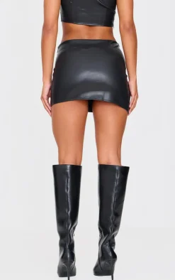 Discount PrettyLittleThing Faux Leather Asymmetric Hem Mini Skirt Black
