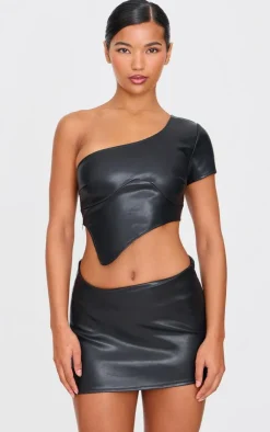 Discount PrettyLittleThing Faux Leather Asymmetric Hem Mini Skirt Black