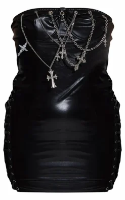 Faux Leather Bandeau Cross Chain Detail Bodycon Dress-PrettyLittleThing New
