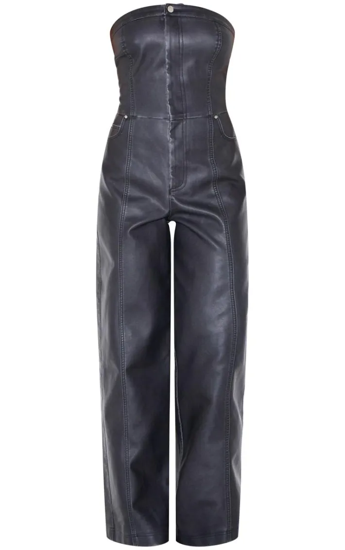 Black Faux Leather Bandeau Lace Back Straight Leg Jumpsuit