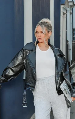 PrettyLittleThing Faux Leather Jackets*Faux Leather Belted Relaxed Fit Biker Jacket