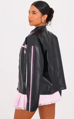 PrettyLittleThing Faux Leather Jackets*Faux Leather Bow Print Detail Jacket