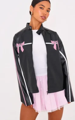 PrettyLittleThing Faux Leather Jackets*Faux Leather Bow Print Detail Jacket