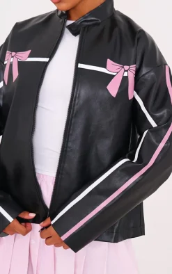 PrettyLittleThing Faux Leather Jackets*Faux Leather Bow Print Detail Jacket