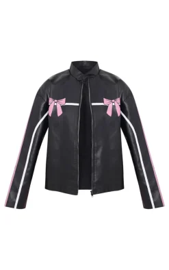 PrettyLittleThing Faux Leather Jackets*Faux Leather Bow Print Detail Jacket