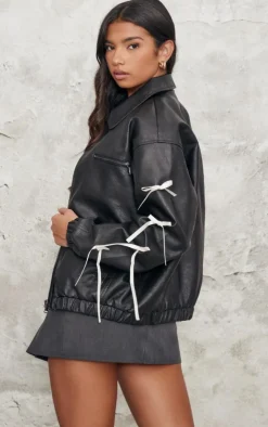 PrettyLittleThing Faux Leather Jackets*Faux Leather Bow Sleeve Detail Oversized Jacket