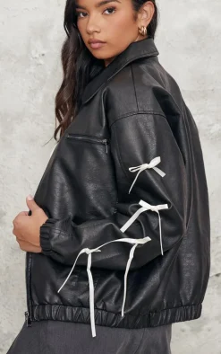 PrettyLittleThing Faux Leather Jackets*Faux Leather Bow Sleeve Detail Oversized Jacket