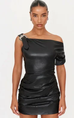 Hot PrettyLittleThing Faux Leather Buckle Detail Top Black