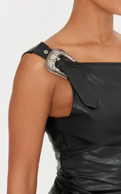 Hot PrettyLittleThing Faux Leather Buckle Detail Top Black