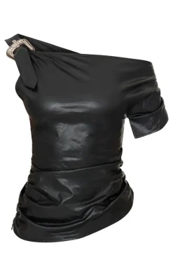 Hot PrettyLittleThing Faux Leather Buckle Detail Top Black