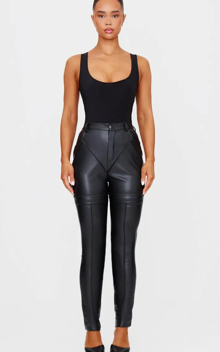 Black Faux Leather Contrast Panels Skinny Pants