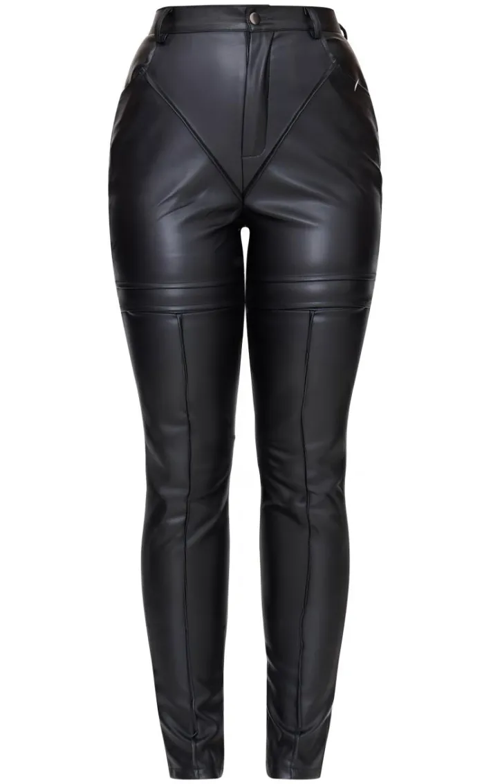 Black Faux Leather Contrast Panels Skinny Pants