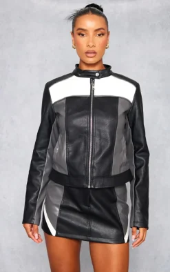 Clearance PrettyLittleThing Faux Leather Contrast Panel Mini Skirt Black
