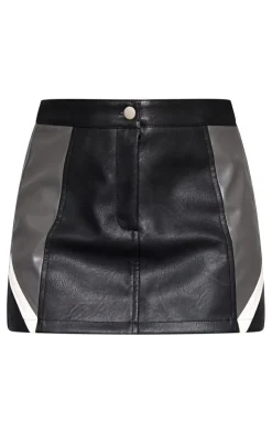 Clearance PrettyLittleThing Faux Leather Contrast Panel Mini Skirt Black