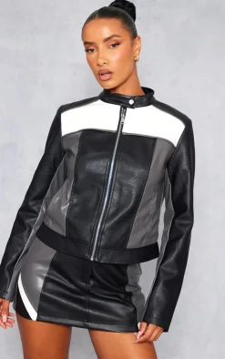 Sale PrettyLittleThing Faux Leather Contrast Panel Motor Jacket Black