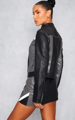 Sale PrettyLittleThing Faux Leather Contrast Panel Motor Jacket Black