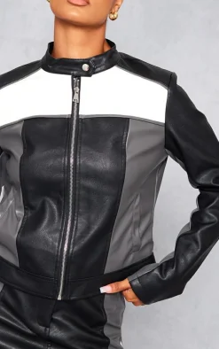 Sale PrettyLittleThing Faux Leather Contrast Panel Motor Jacket Black