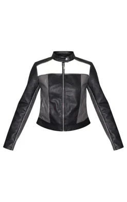 Sale PrettyLittleThing Faux Leather Contrast Panel Motor Jacket Black
