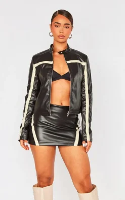 Online PrettyLittleThing Faux Leather Contrast Panel Motorcross Jacket Black