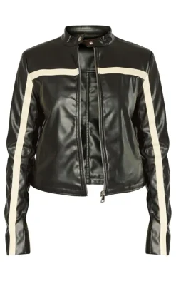 Online PrettyLittleThing Faux Leather Contrast Panel Motorcross Jacket Black