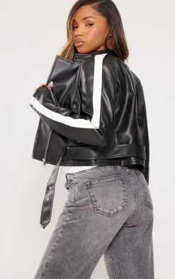 PrettyLittleThing Faux Leather Jackets*Faux Leather Contrast Panel Cropped Biker Jacket