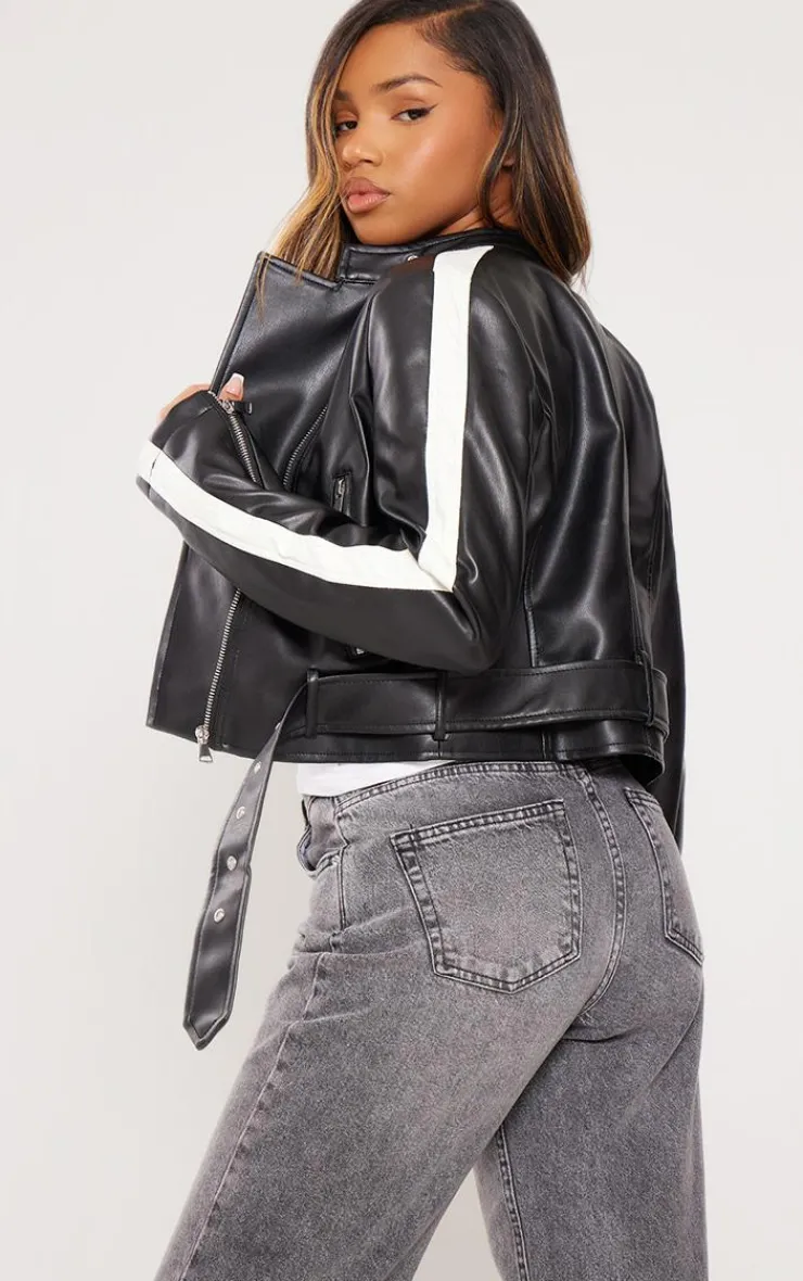 PrettyLittleThing Faux Leather Jackets*Faux Leather Contrast Panel Cropped Biker Jacket