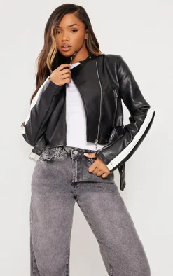 PrettyLittleThing Faux Leather Jackets*Faux Leather Contrast Panel Cropped Biker Jacket