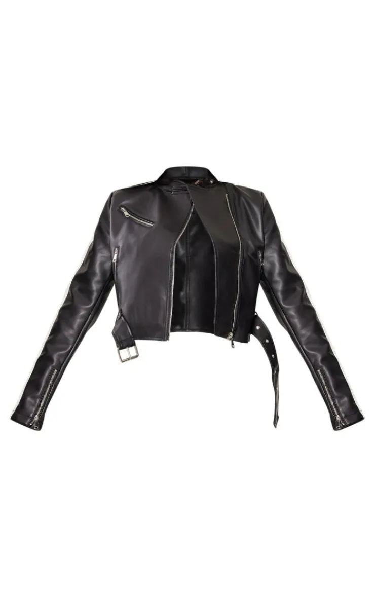 PrettyLittleThing Faux Leather Jackets*Faux Leather Contrast Panel Cropped Biker Jacket